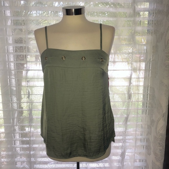 NWT MOSSY GREEN SILKY CAMISOLE TANK W GOLD DETAILS - Picture 2 of 7